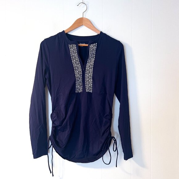 Lands End Swim Tunic Embroidered Ruched Sides Navy Rash Guard UPF 50 Women XS - Picture 2 of 7